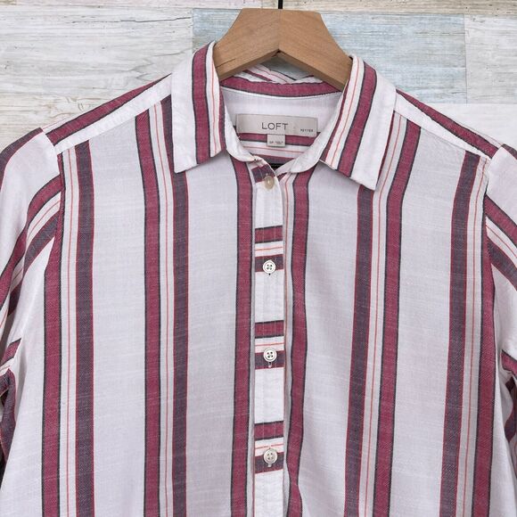 LOFT Striped Button Down Tunic Shirt White Red Casual Womens Small Petite SP - Picture 2 of 7